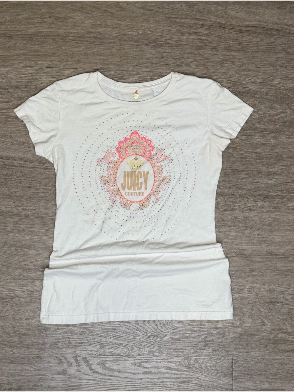 Juicy Couture White Tee with Pink and Gold Logo Embellishment